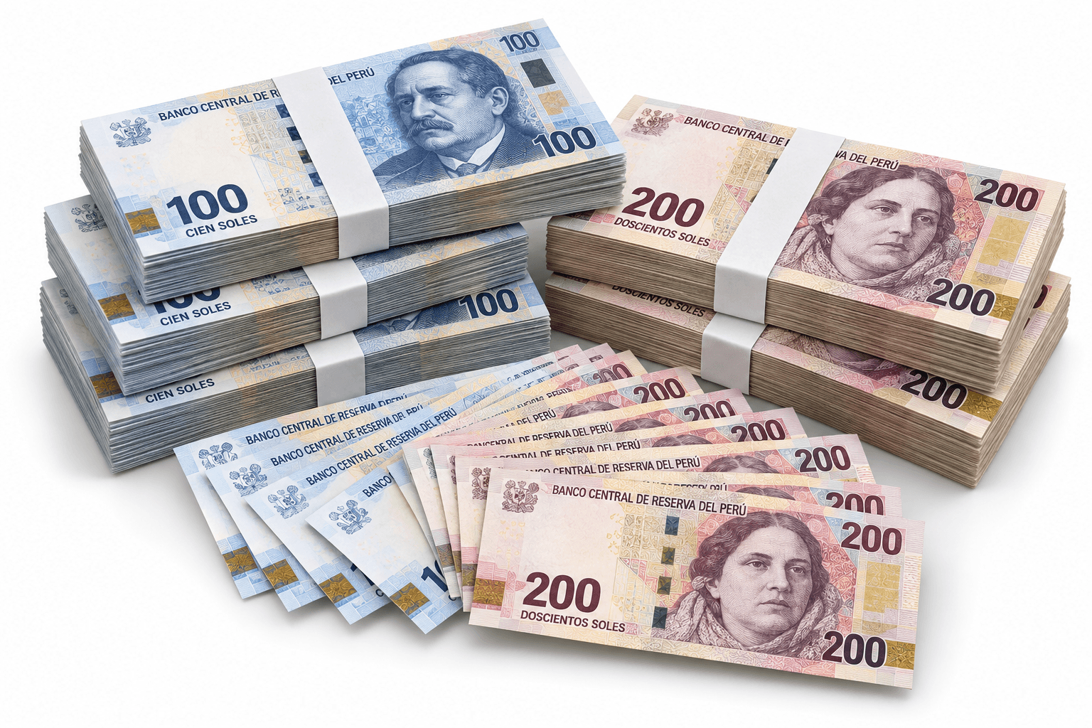 Imagen referencial de fajos de soles peruanos sobre fondo blanco